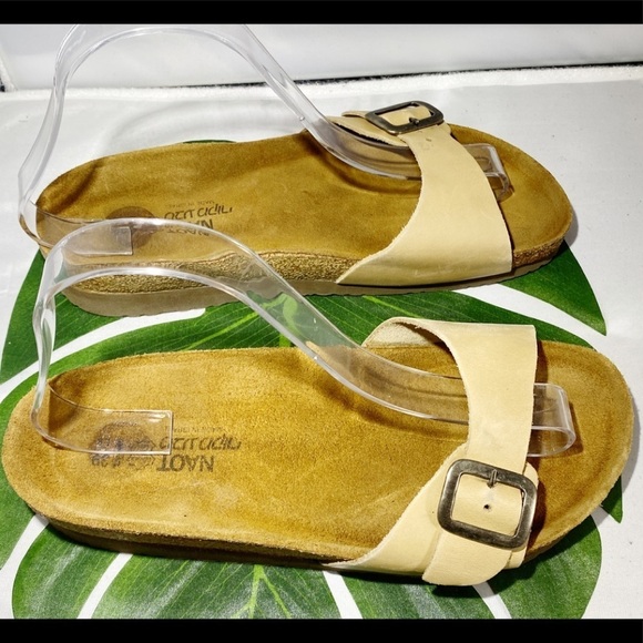 NAOT TAN LEATHER SINGLE BUCKLE‎ HEELED CUSHION SLIDE​​​​​ - Picture 2 of 7